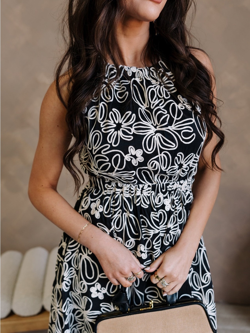Navy Floral Halter Maxi Dress with Elastic Waist